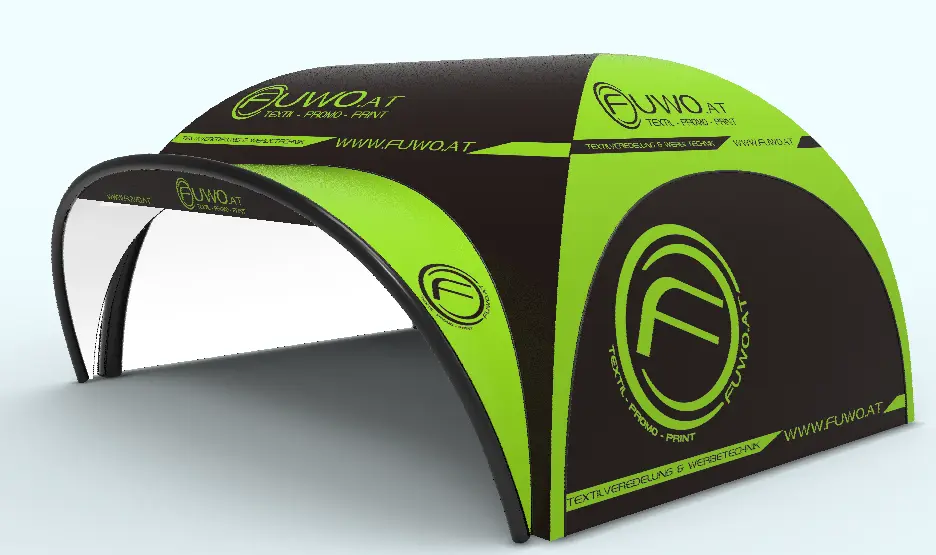 A 3D design visualization of a small, arched inflatable canopy tent in a black and lime-green color scheme, branded with the "FUWO.AT" logo, presented as a professional display solution.